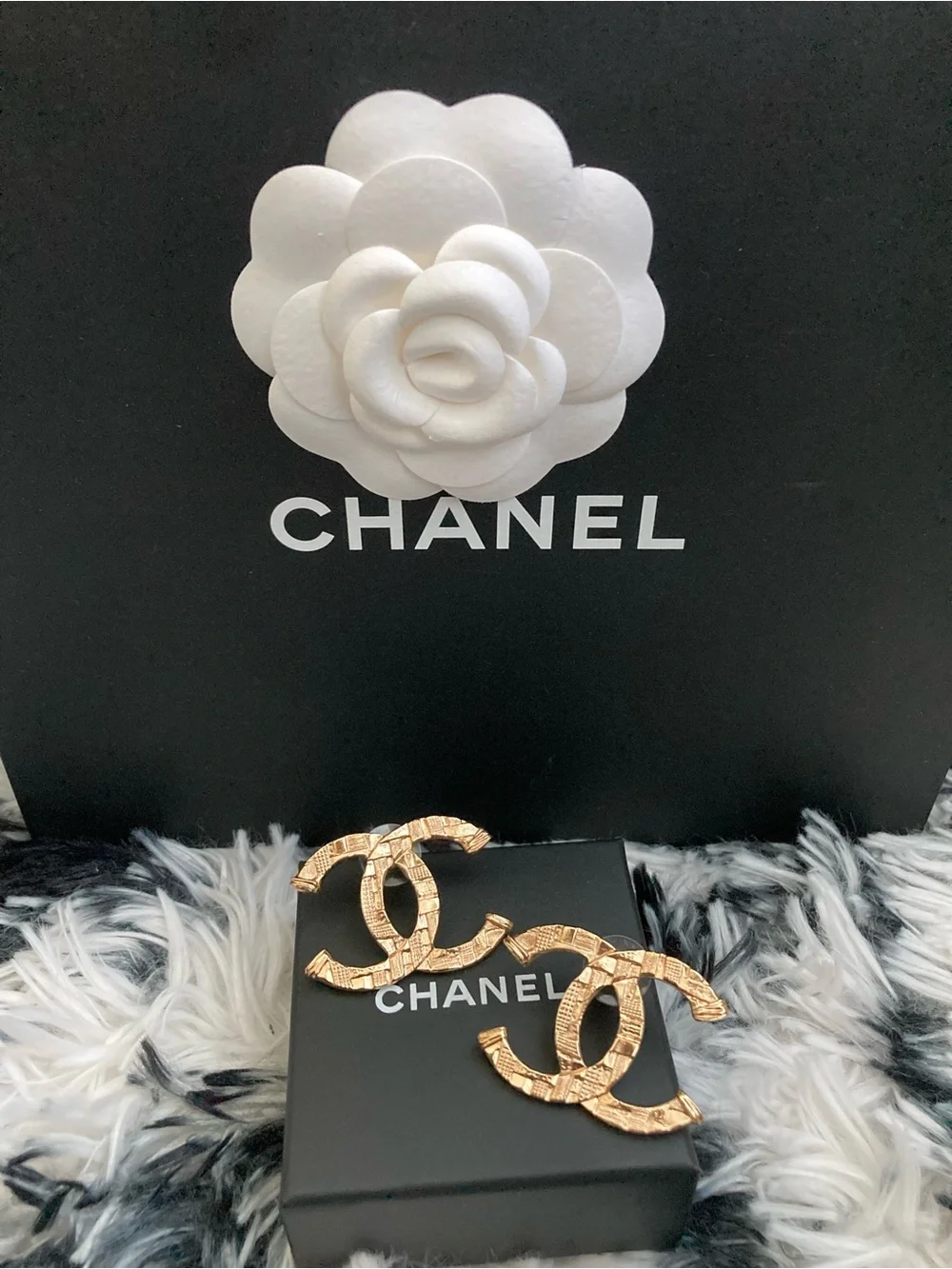 CHANEL Tweed Large CC pierced Earrings